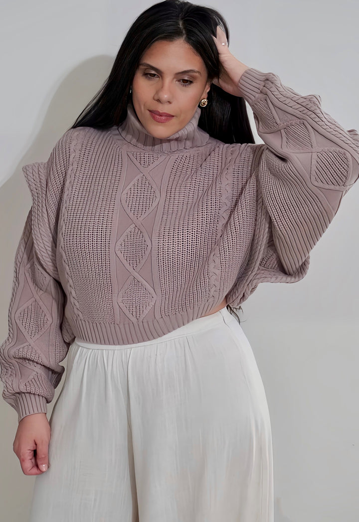 TURTLENECK CABLE KNIT CROP SWEATER TOP